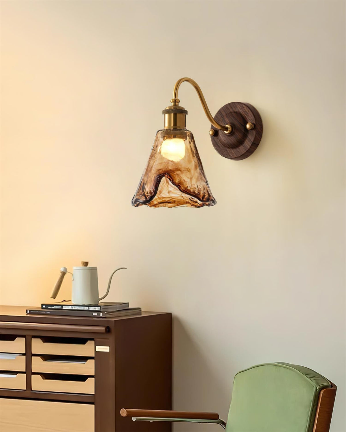 Wandlamp Amber Glas Hout Goud Vintage Metalen Fitting E26 E27 Dimbaar Retro Sfeerlicht Woonkamer Slaapkamer 24cm | Sansoti