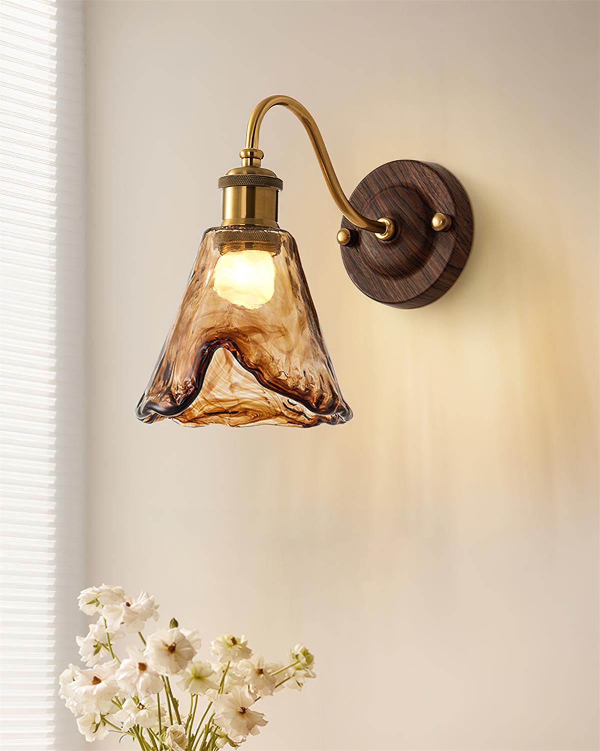 Wandlamp Amber Glas Hout Goud Vintage Metalen Fitting E26 E27 Dimbaar Retro Sfeerlicht Woonkamer Slaapkamer 24cm | Sansoti