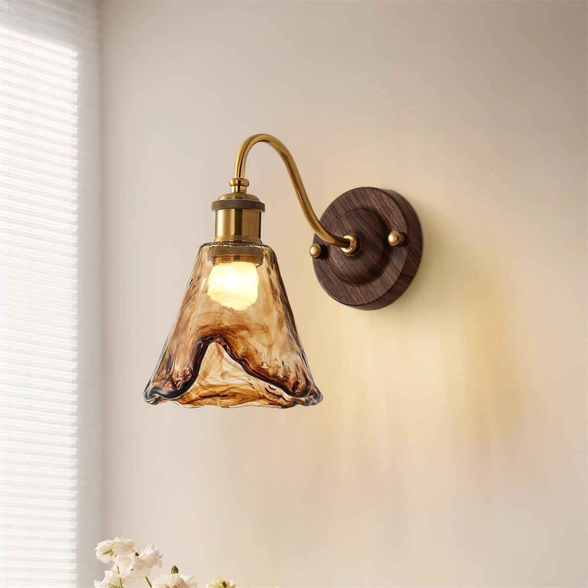 Wandlamp Amber Glas Hout Goud Vintage Metalen Fitting E26 E27 Dimbaar Retro Sfeerlicht Woonkamer Slaapkamer 24cm | Sansoti