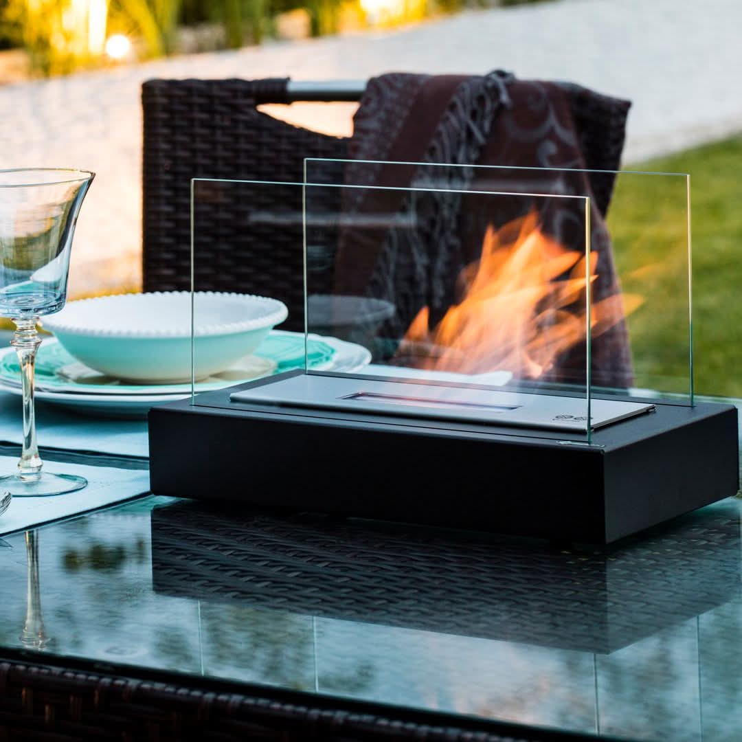 Bioethanol Tafelkachel Draagbaar Gehard Glas & Staal Design voor Binnen & Buiten Rookvrij Sfeerverlichting | Sansoti