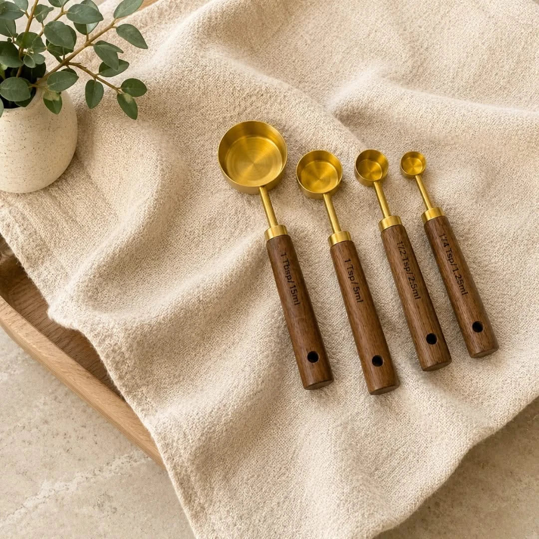 Messbecher- und Messlöffel-Set aus Akazienholz und goldfarbenem Edelstahl zum präzisen Abmessen von Zutaten beim Backen und Kochen | Sansoti