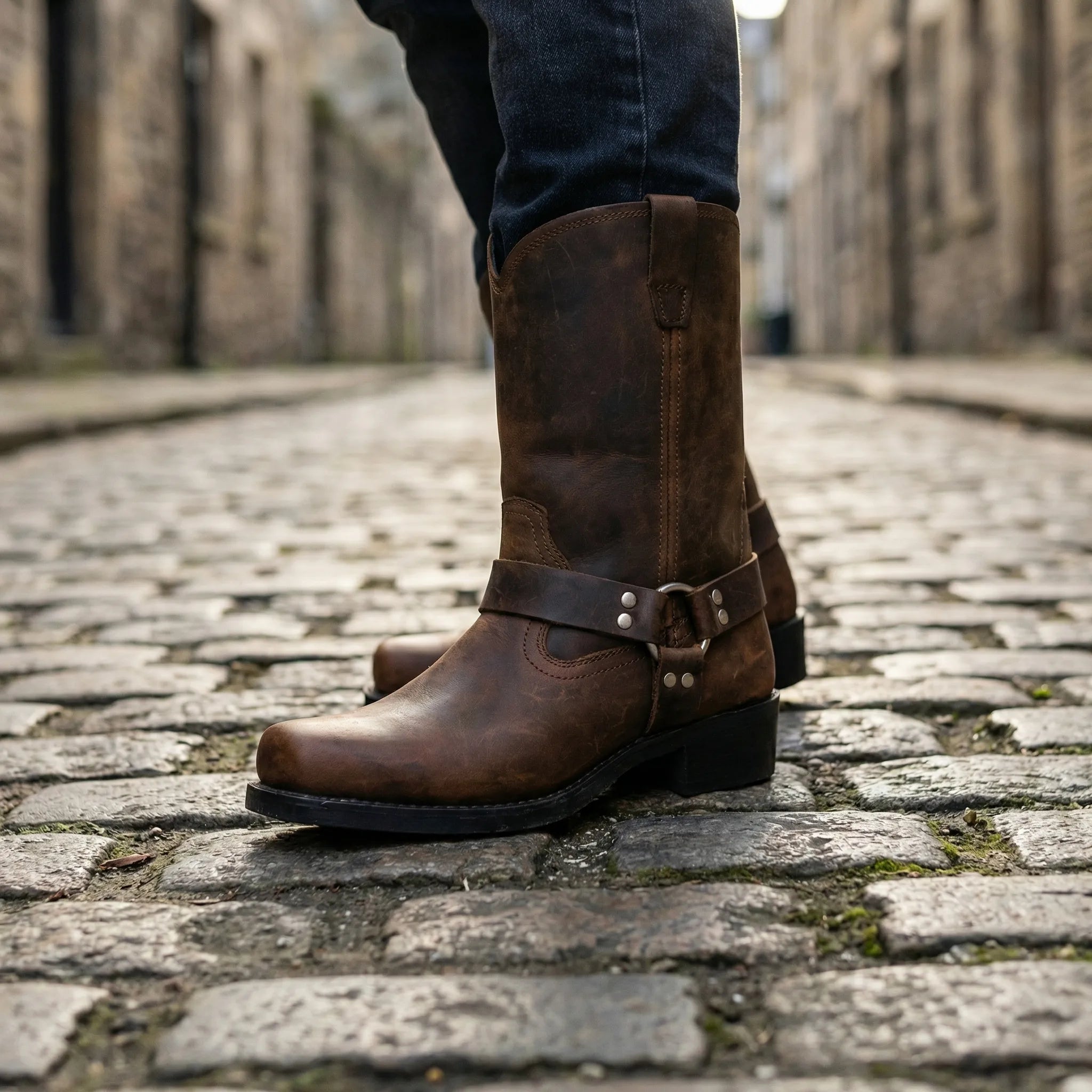 Vintage Western Laarzen Heren met Harness Gesp – Handgemaakt Leer Cognac Eiken Zwart | Sansoti