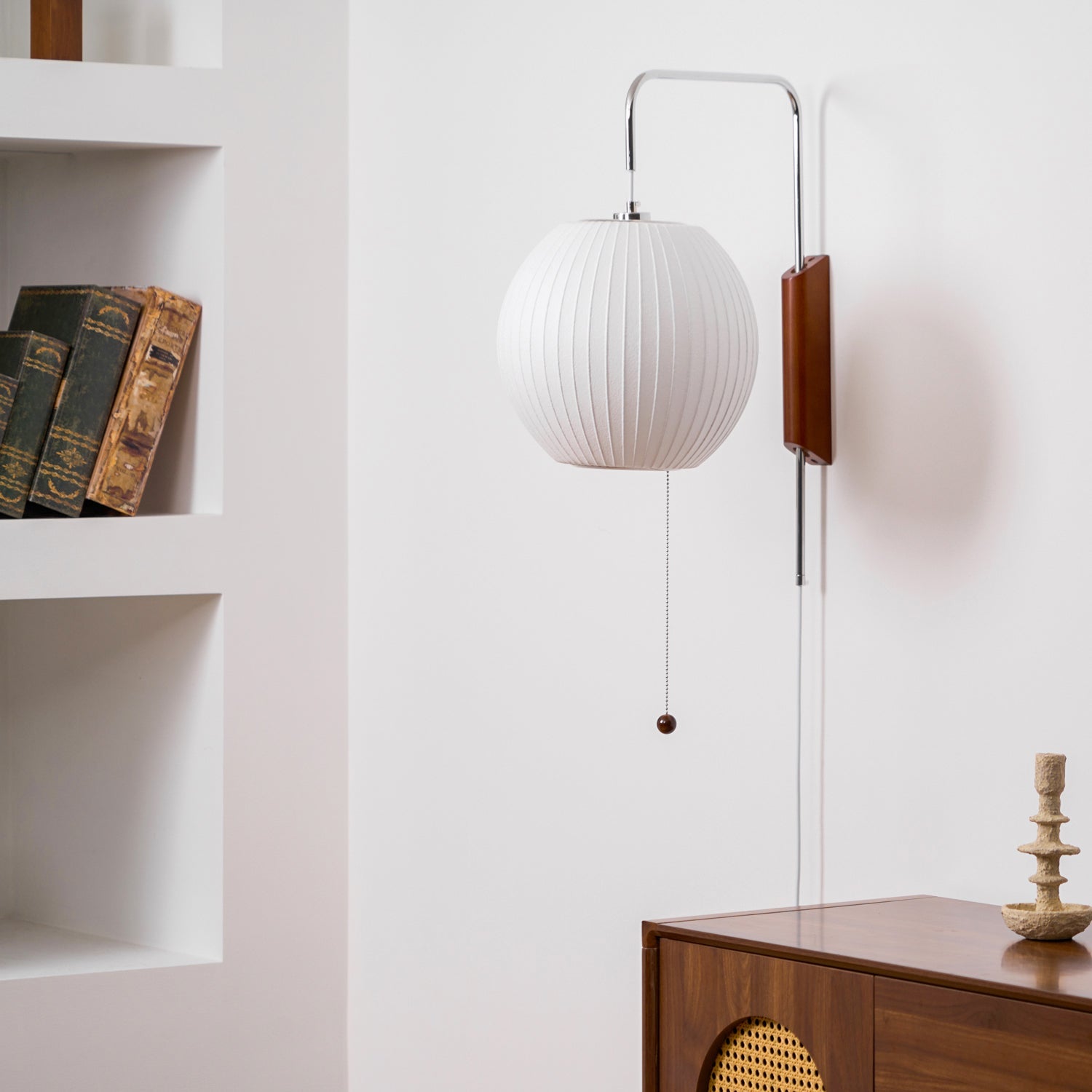 Wandlamp Zijden Kap Walnoot Metaal Wit Woonkamer Slaapkamer | Sansoti