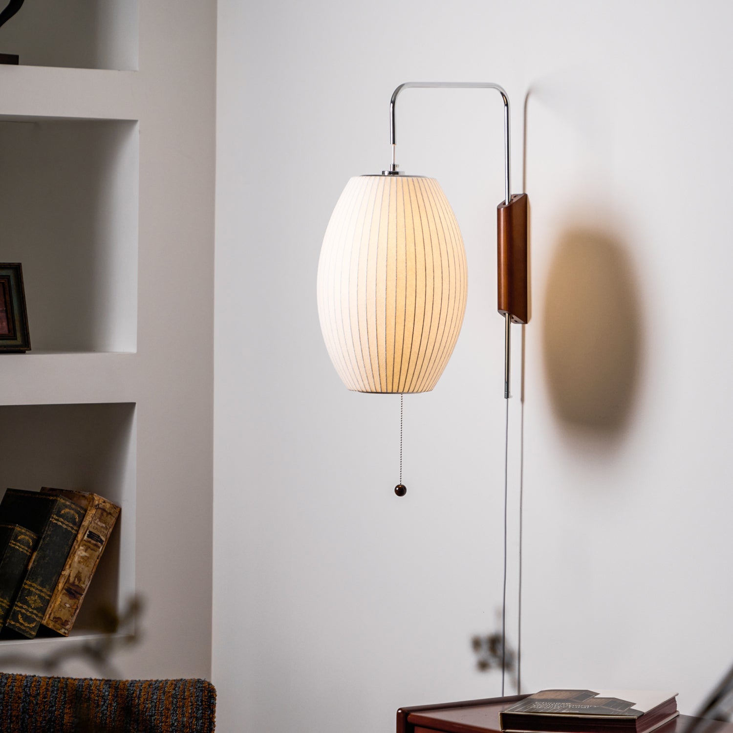 Wandlamp Zijden Kap Walnoot Metaal Wit Woonkamer Slaapkamer | Sansoti