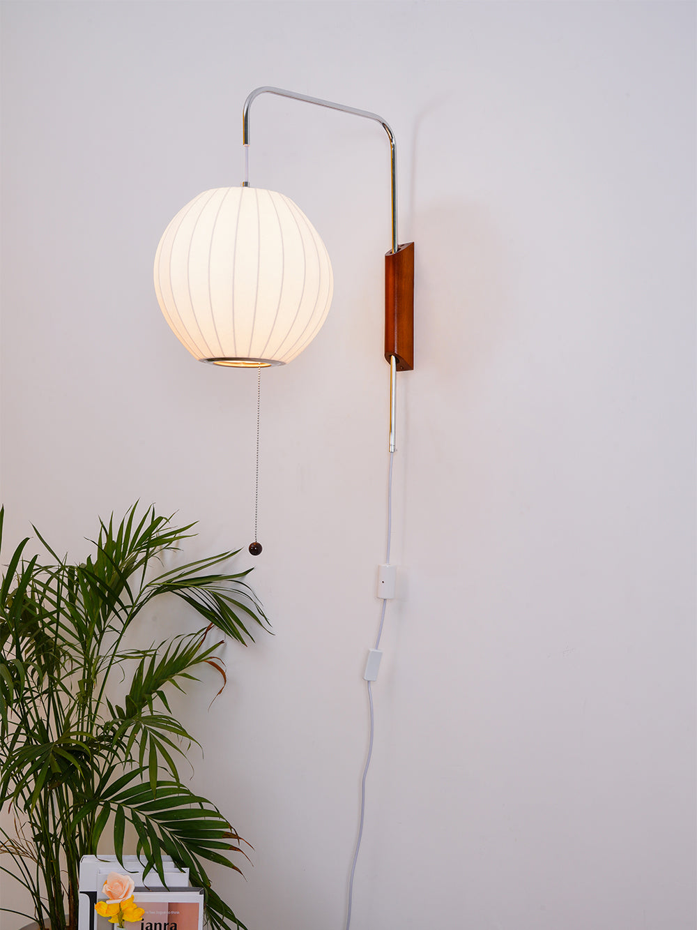 Wandlamp Zijden Kap Walnoot Metaal Wit Woonkamer Slaapkamer | Sansoti
