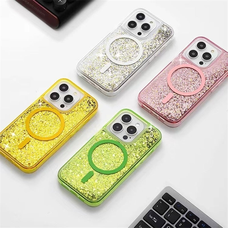 Coque liquide pailletée pour iPhone avec anneau magnétique, transparente, coque dynamique en TPU, antichoc | Sansoti