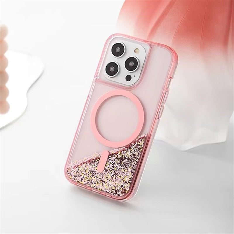 Coque liquide pailletée pour iPhone avec anneau magnétique, transparente, coque dynamique en TPU, antichoc | Sansoti