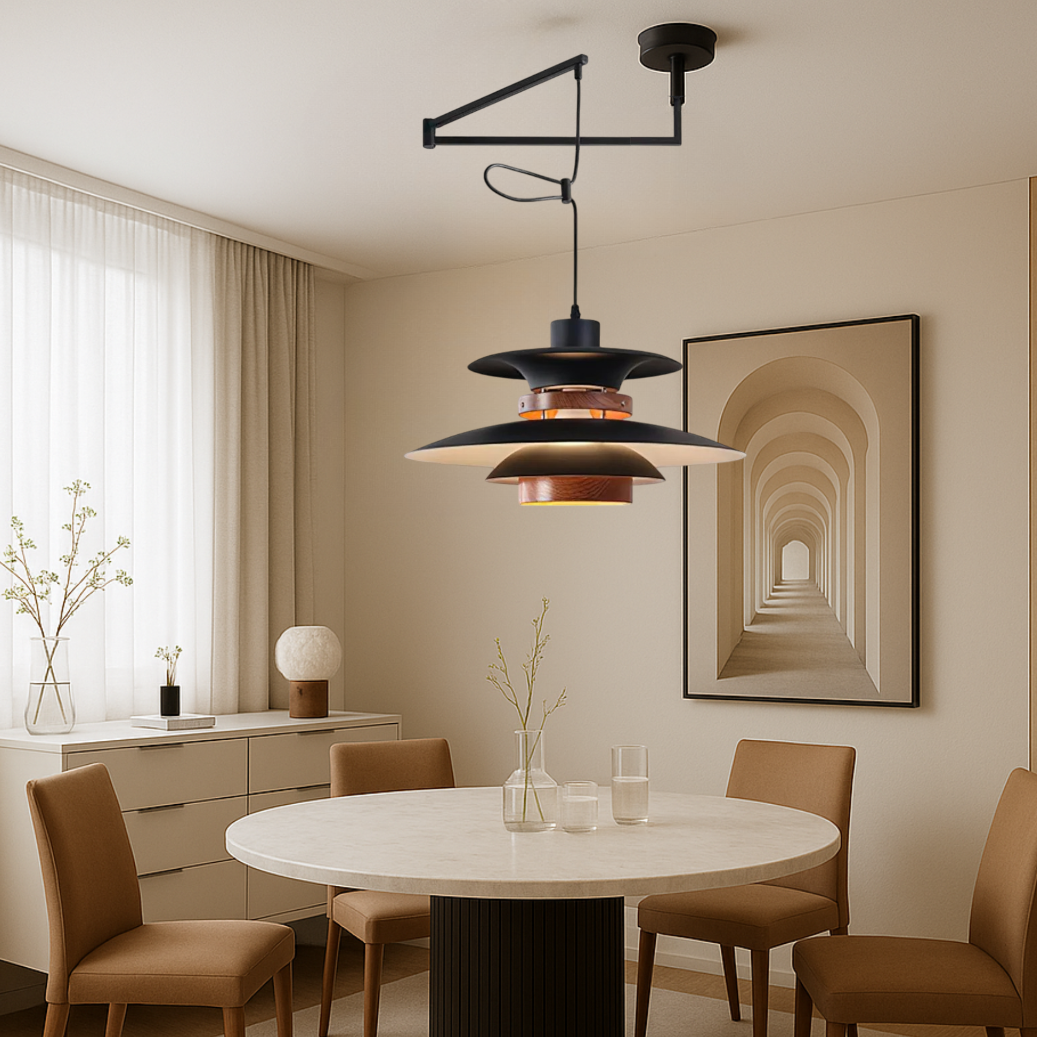 Merado Schwenkarm Pendelleuchte Metall Holz schwarz Esszimmer Beleuchtung verstellbar skandinavisches Design Pendelleuchte moderne Hängeleuchte | Restfield