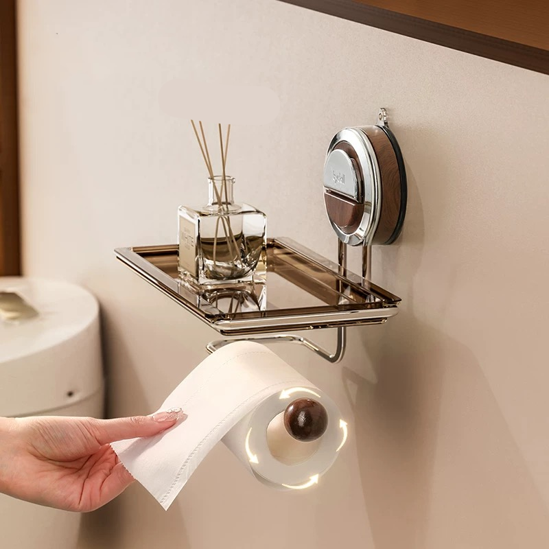 Zuignap Toiletrolhouder met Houtnerf Design Zonder Boren RVS voor Gladde Oppervlakken | Sansoti