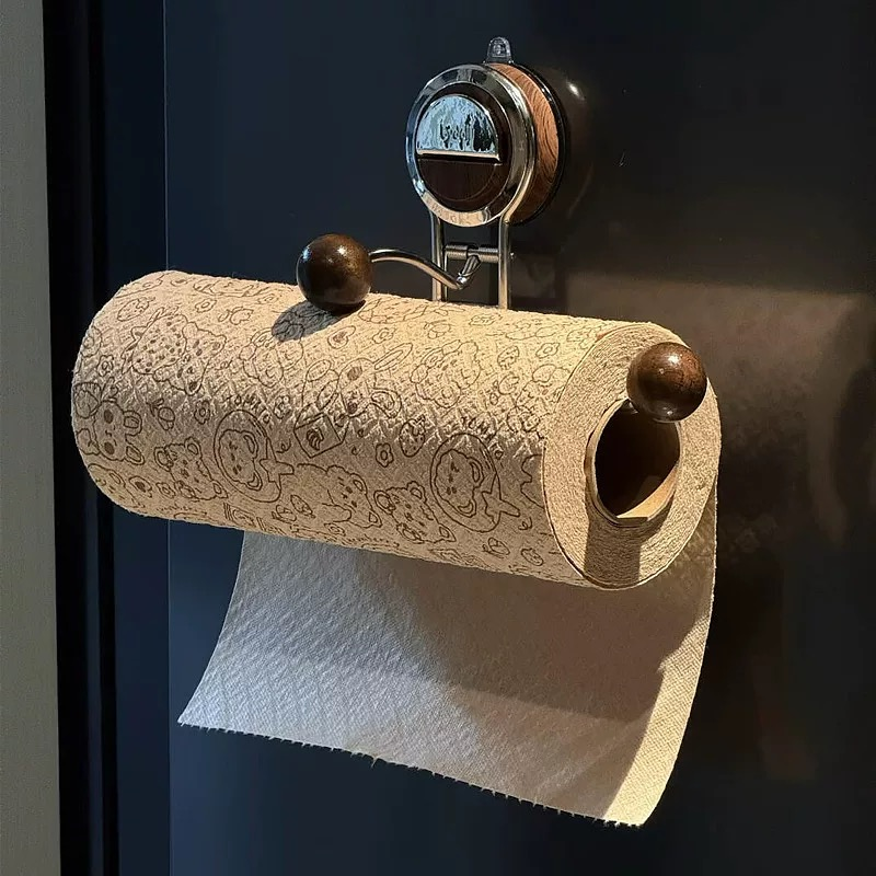 Zuignap Toiletrolhouder met Houtnerf Design Zonder Boren RVS voor Gladde Oppervlakken | Sansoti