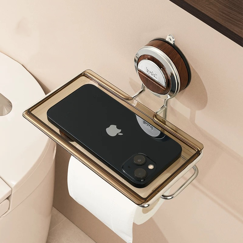 Zuignap Toiletrolhouder met Houtnerf Design Zonder Boren RVS voor Gladde Oppervlakken | Sansoti