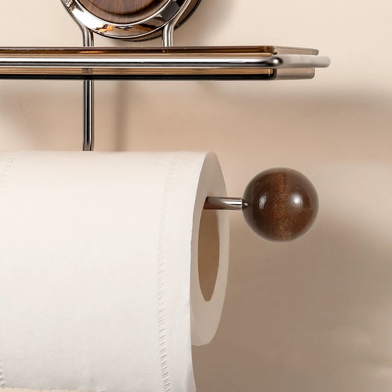 Zuignap Toiletrolhouder met Houtnerf Design Zonder Boren RVS voor Gladde Oppervlakken | Sansoti