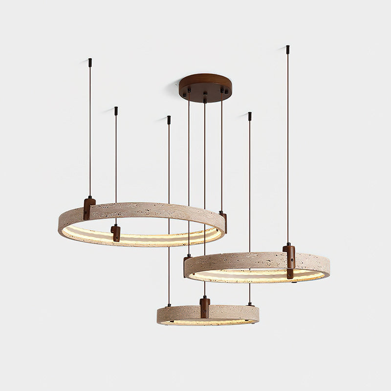Travertijn Ring Kroonluchter – Natuursteen Hanglamp met Walnoot Hout en Geïntegreerde LED | Scandinavisch Design voor Woon- en Eetkamer | Sansoti