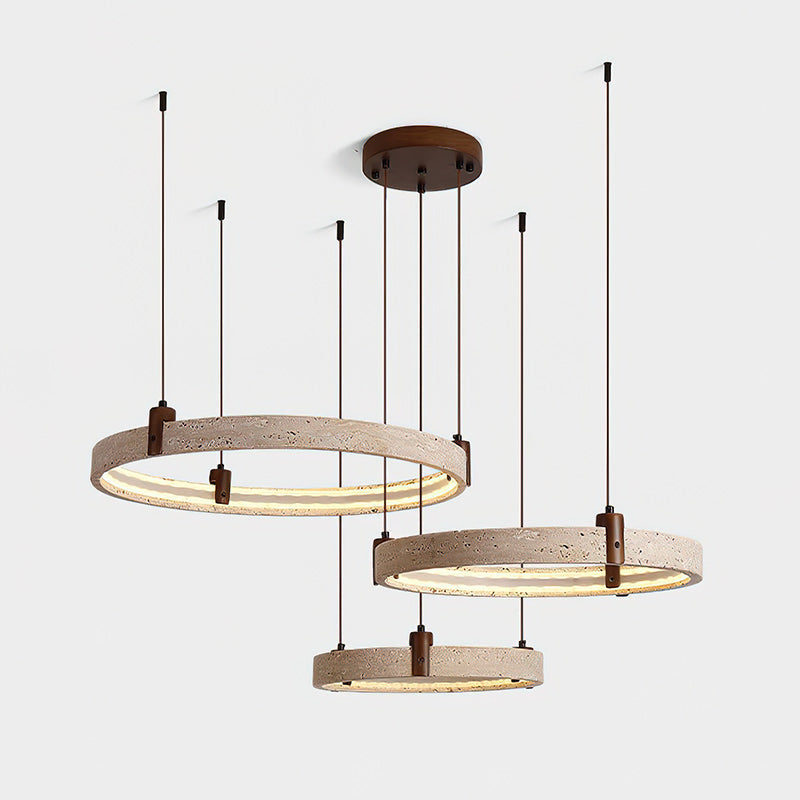 Travertijn Ring Kroonluchter – Natuursteen Hanglamp met Walnoot Hout en Geïntegreerde LED | Scandinavisch Design voor Woon- en Eetkamer | Sansoti