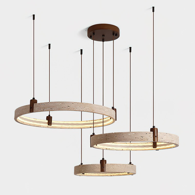 Travertijn Ring Kroonluchter – Natuursteen Hanglamp met Walnoot Hout en Geïntegreerde LED | Scandinavisch Design voor Woon- en Eetkamer | Sansoti