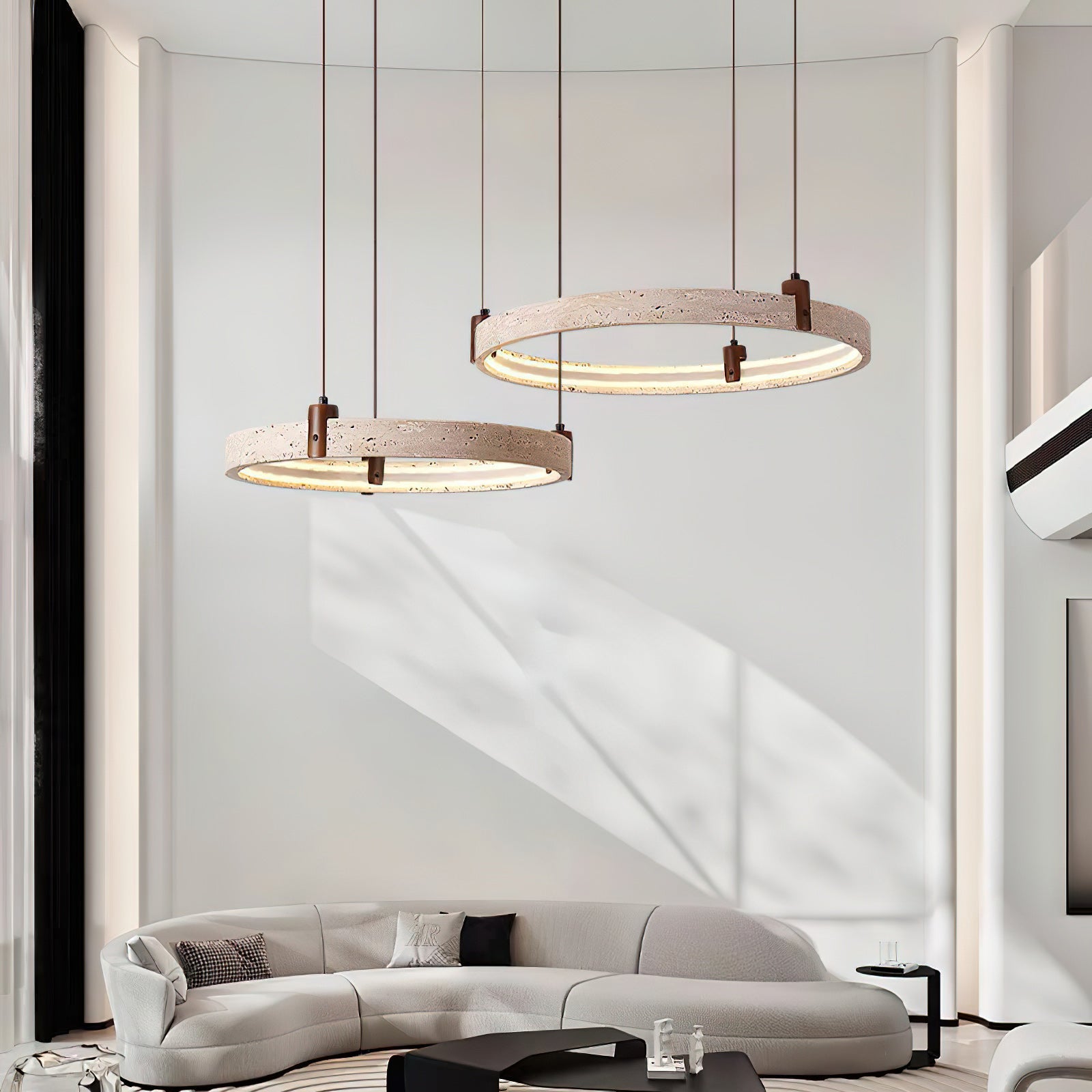 Travertijn Ring Kroonluchter – Natuursteen Hanglamp met Walnoot Hout en Geïntegreerde LED | Scandinavisch Design voor Woon- en Eetkamer | Sansoti