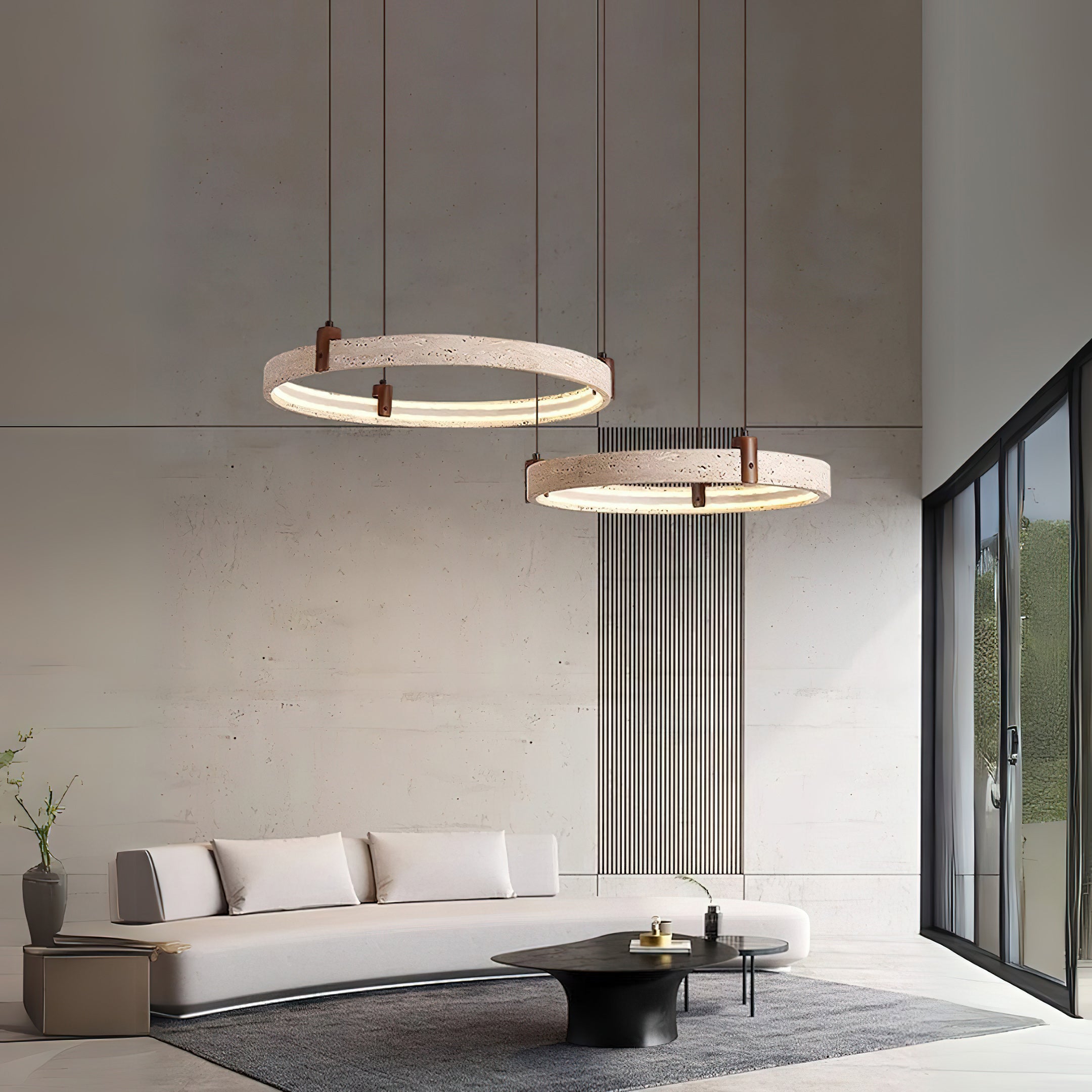 Travertijn Ring Kroonluchter – Natuursteen Hanglamp met Walnoot Hout en Geïntegreerde LED | Scandinavisch Design voor Woon- en Eetkamer | Sansoti