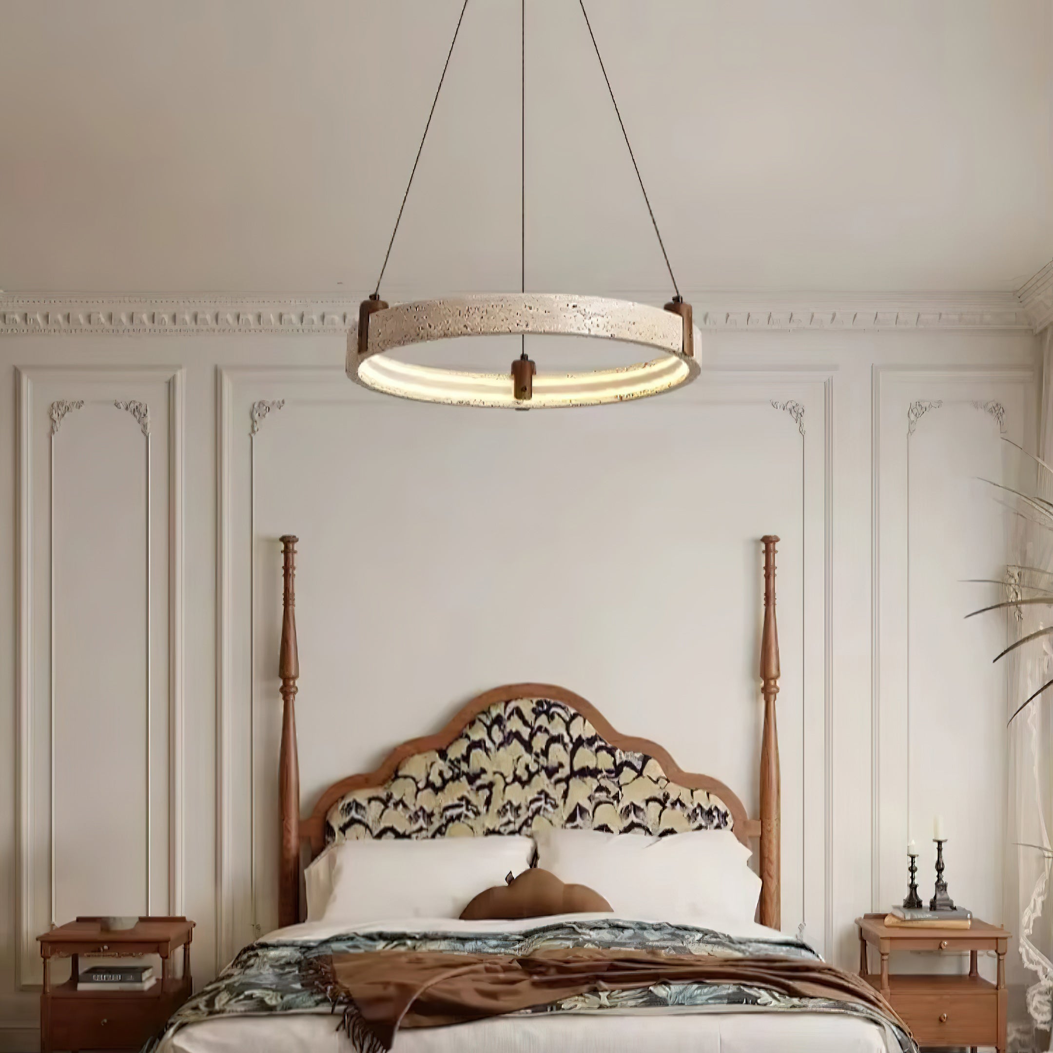 Travertijn Ring Kroonluchter – Natuursteen Hanglamp met Walnoot Hout en Geïntegreerde LED | Scandinavisch Design voor Woon- en Eetkamer | Sansoti