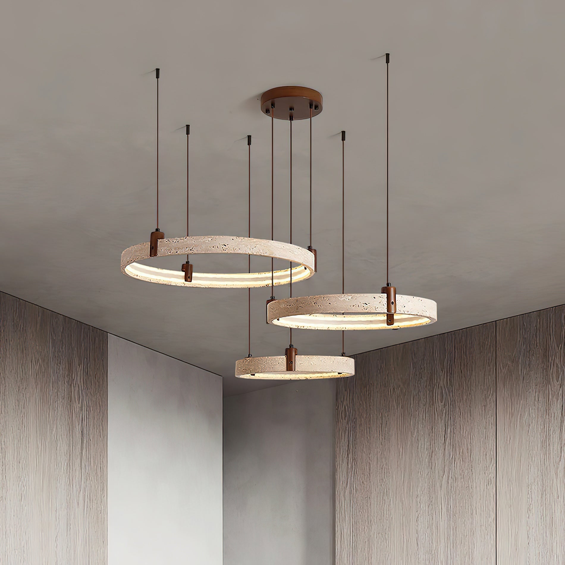 Travertijn Ring Kroonluchter – Natuursteen Hanglamp met Walnoot Hout en Geïntegreerde LED | Scandinavisch Design voor Woon- en Eetkamer | Sansoti