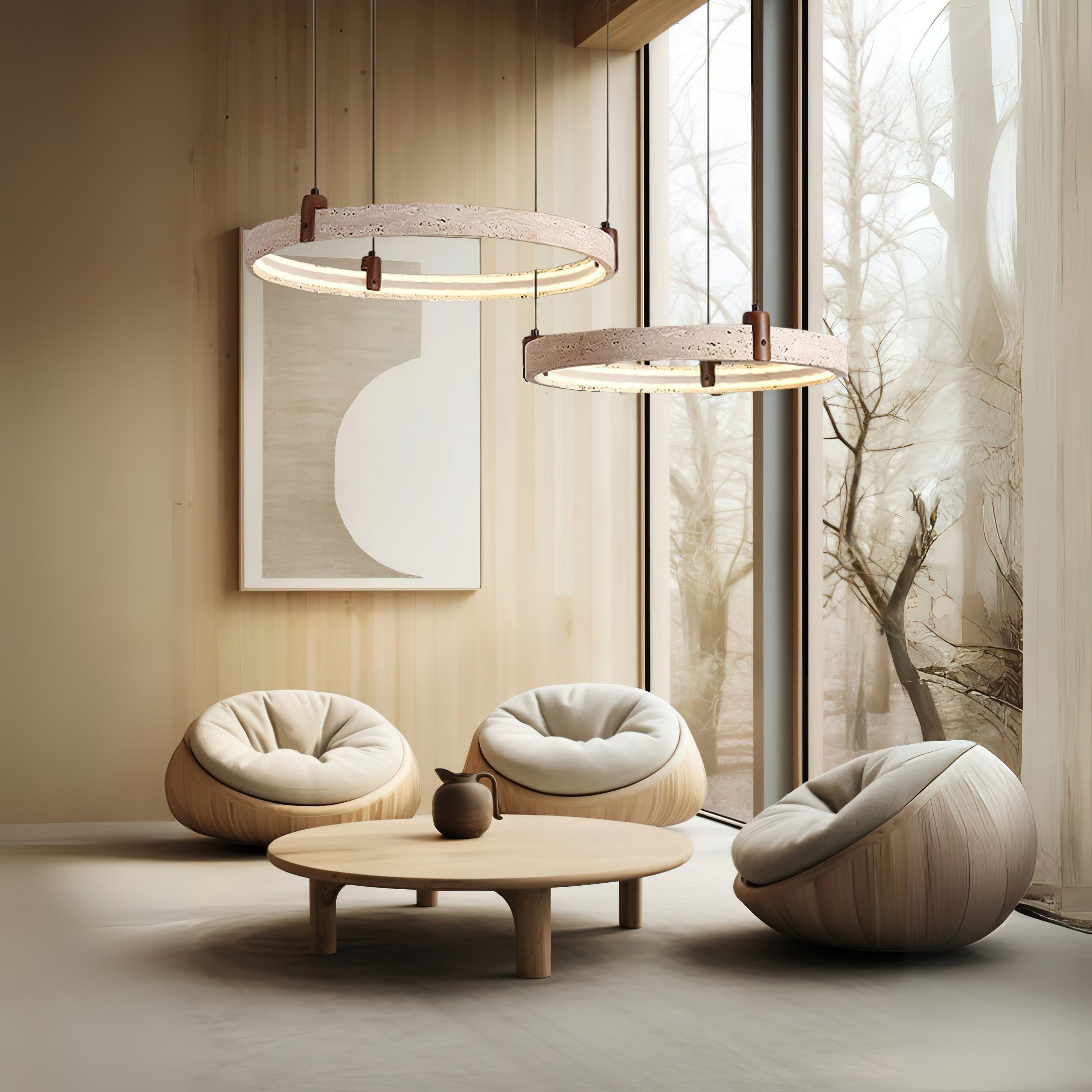 Travertijn Ring Kroonluchter – Natuursteen Hanglamp met Walnoot Hout en Geïntegreerde LED | Scandinavisch Design voor Woon- en Eetkamer | Sansoti