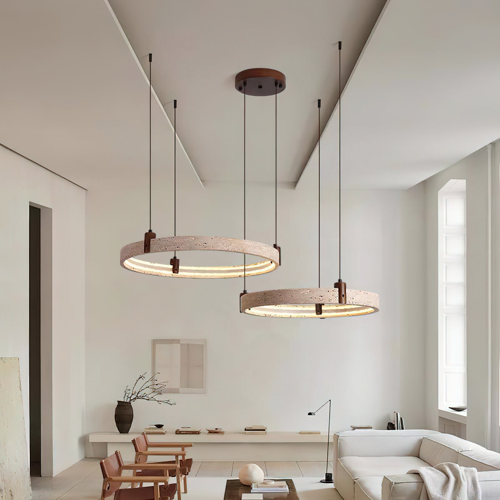 Travertijn Ring Kroonluchter – Natuursteen Hanglamp met Walnoot Hout en Geïntegreerde LED | Scandinavisch Design voor Woon- en Eetkamer | Sansoti
