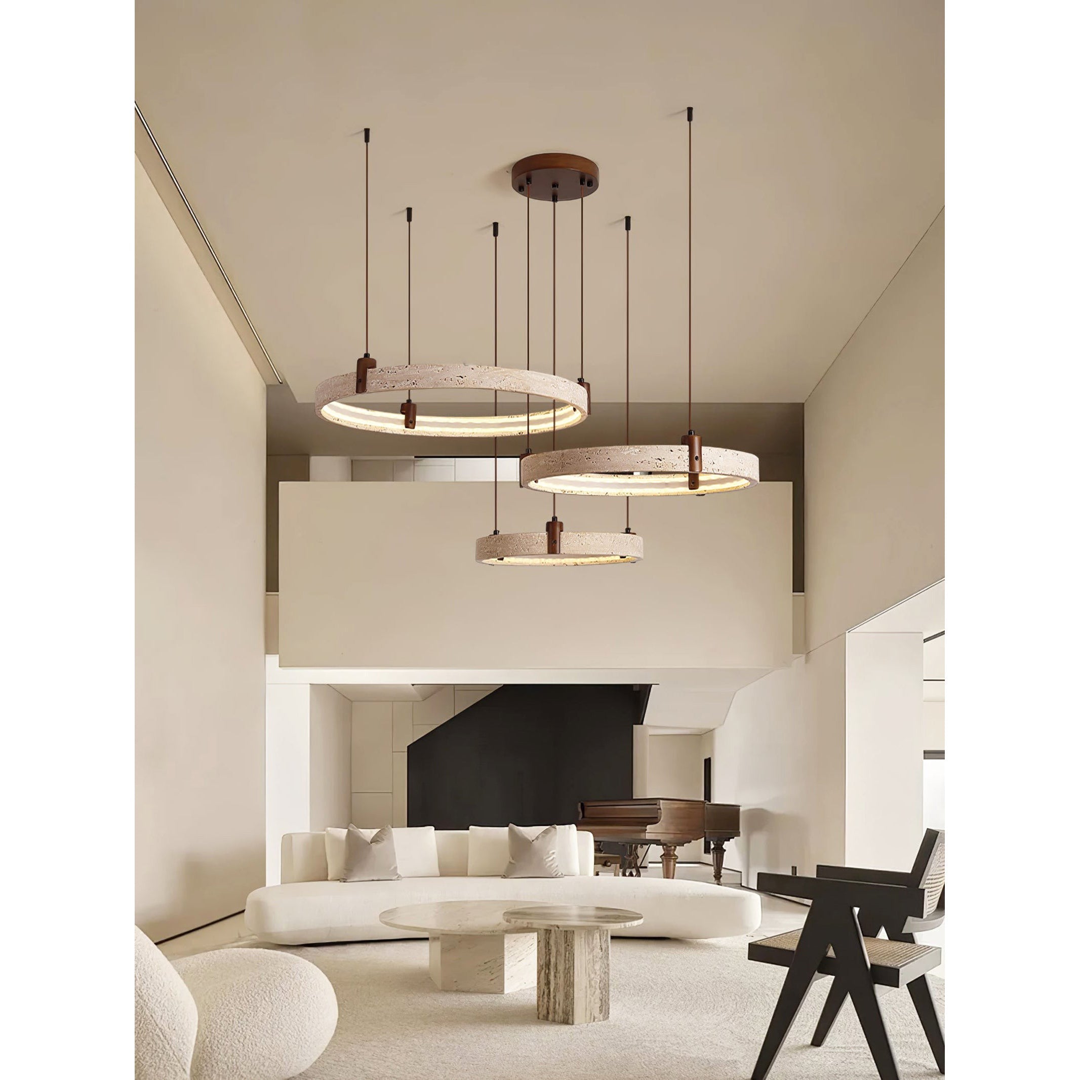 Travertijn Ring Kroonluchter – Natuursteen Hanglamp met Walnoot Hout en Geïntegreerde LED | Scandinavisch Design voor Woon- en Eetkamer | Sansoti