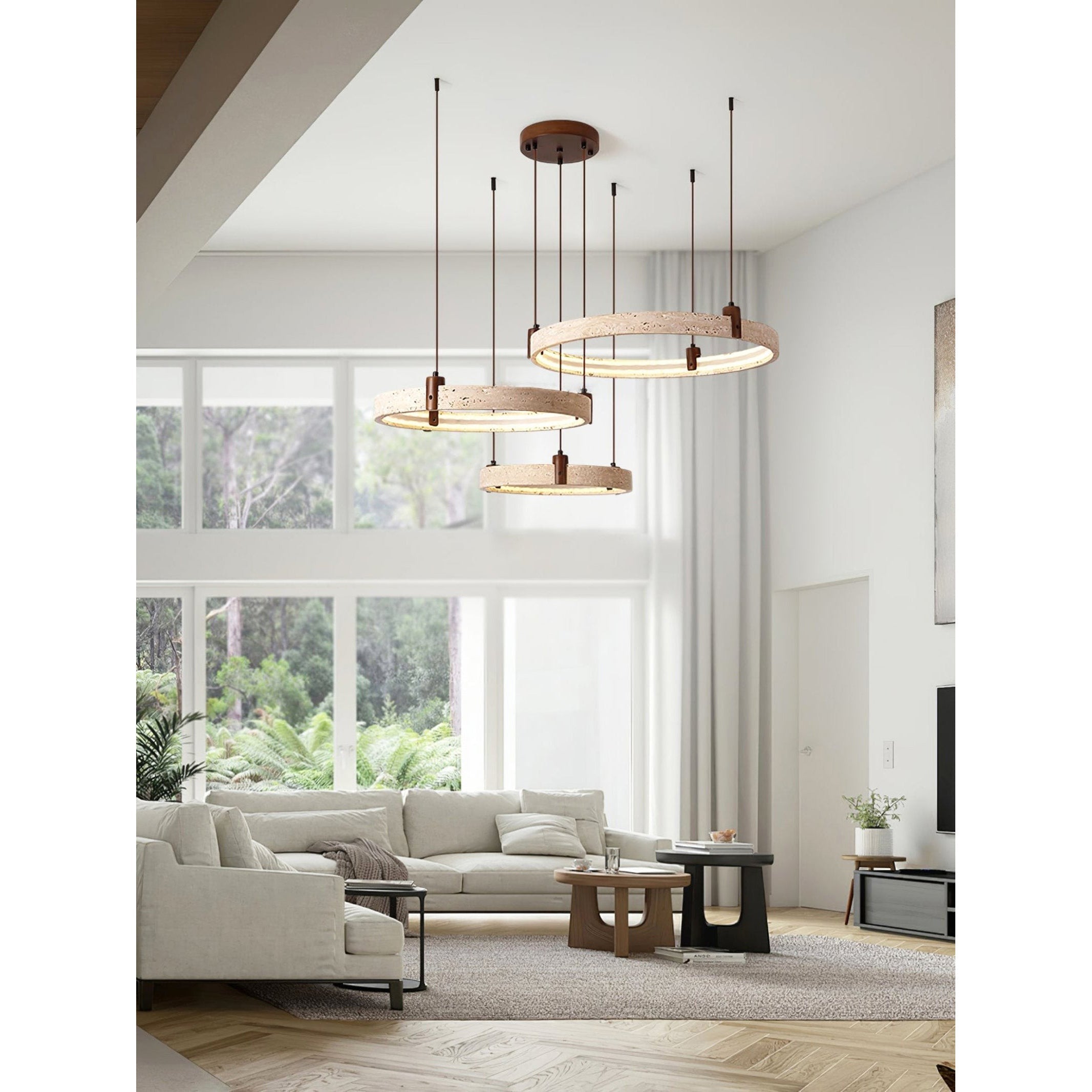 Travertijn Ring Kroonluchter – Natuursteen Hanglamp met Walnoot Hout en Geïntegreerde LED | Scandinavisch Design voor Woon- en Eetkamer | Sansoti