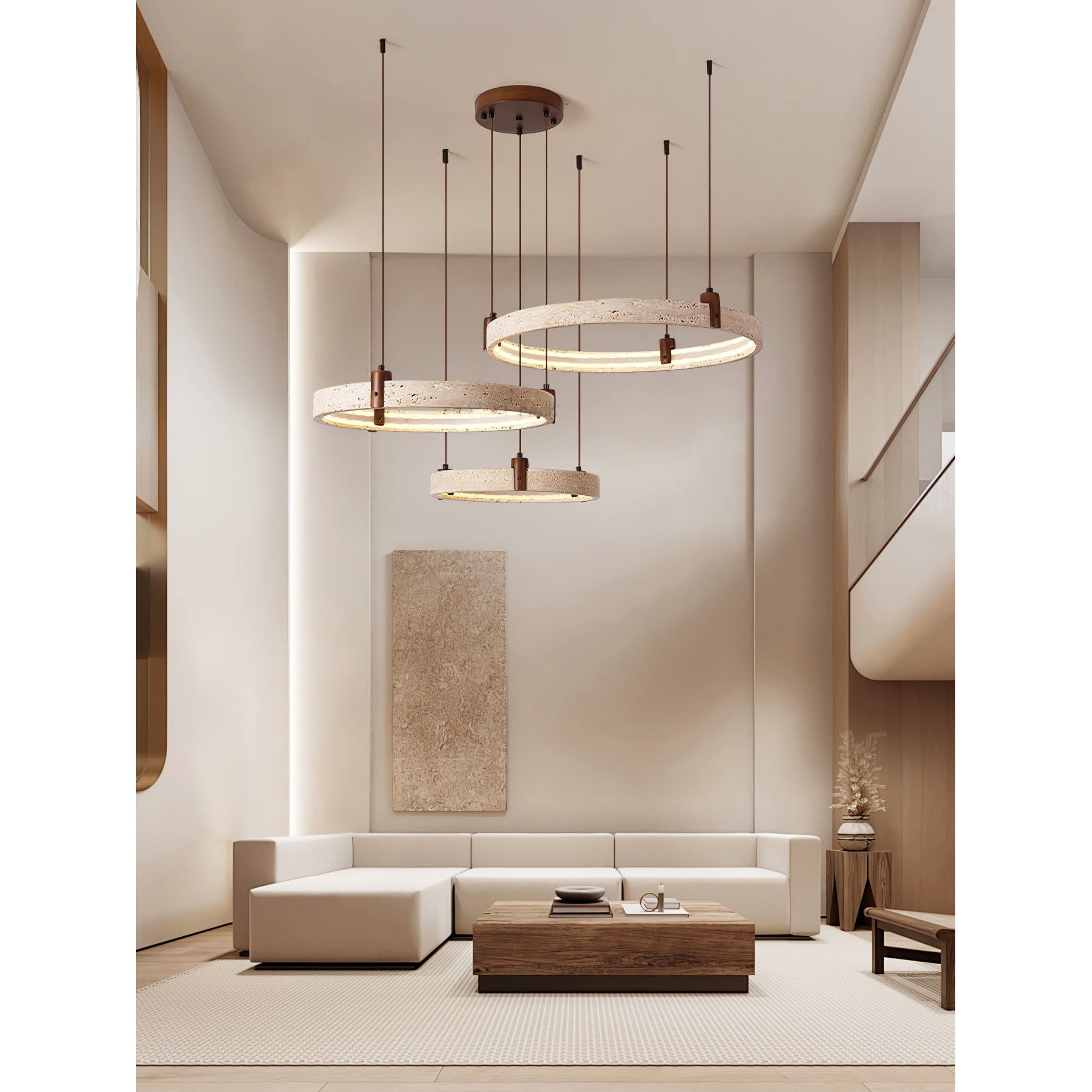 Travertijn Ring Kroonluchter – Natuursteen Hanglamp met Walnoot Hout en Geïntegreerde LED | Scandinavisch Design voor Woon- en Eetkamer | Sansoti