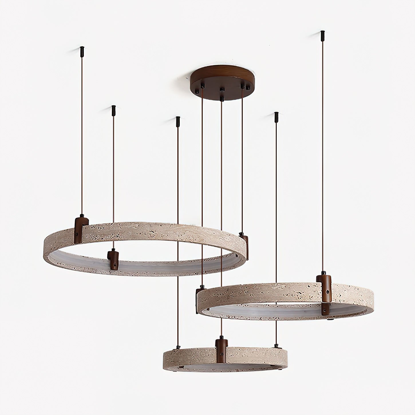 Travertijn Ring Kroonluchter – Natuursteen Hanglamp met Walnoot Hout en Geïntegreerde LED | Scandinavisch Design voor Woon- en Eetkamer | Sansoti