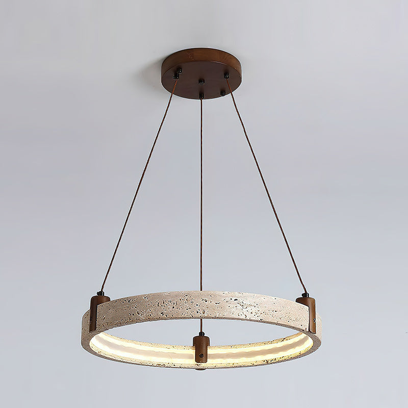 Travertijn Ring Kroonluchter – Natuursteen Hanglamp met Walnoot Hout en Geïntegreerde LED | Scandinavisch Design voor Woon- en Eetkamer | Sansoti