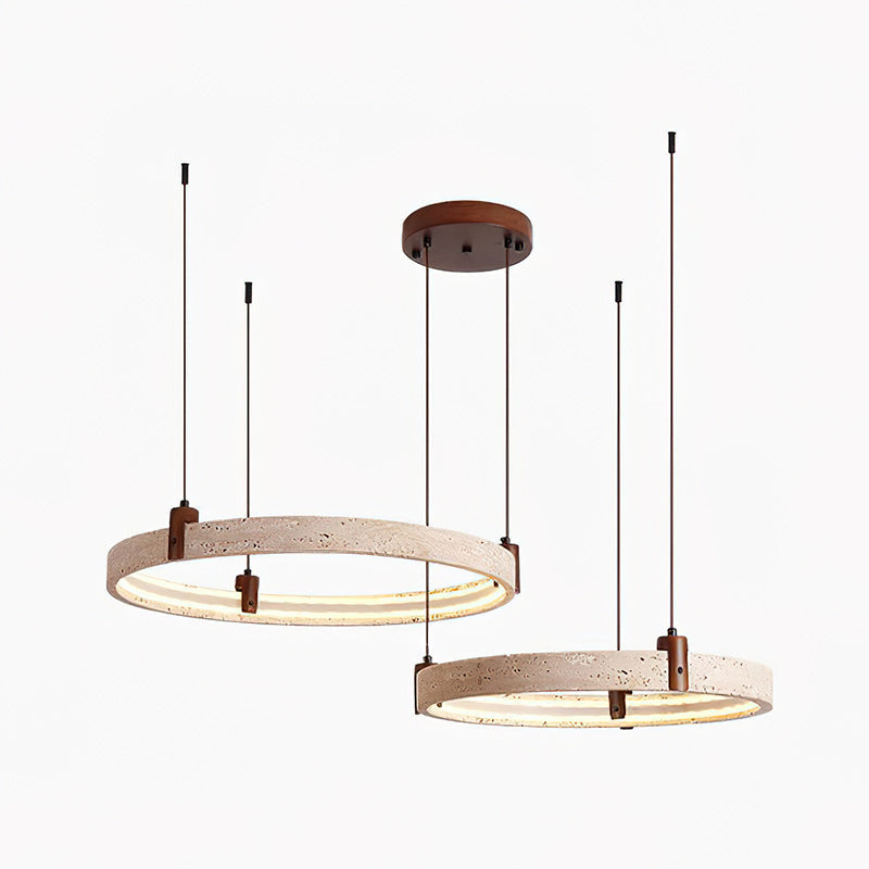 Travertijn Ring Kroonluchter – Natuursteen Hanglamp met Walnoot Hout en Geïntegreerde LED | Scandinavisch Design voor Woon- en Eetkamer | Sansoti