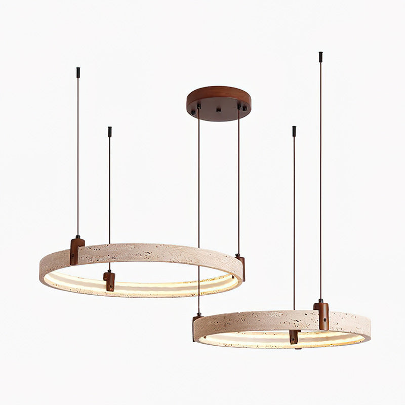 Travertijn Ring Kroonluchter – Natuursteen Hanglamp met Walnoot Hout en Geïntegreerde LED | Scandinavisch Design voor Woon- en Eetkamer | Sansoti