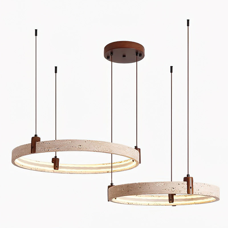 Travertijn Ring Kroonluchter – Natuursteen Hanglamp met Walnoot Hout en Geïntegreerde LED | Scandinavisch Design voor Woon- en Eetkamer | Sansoti