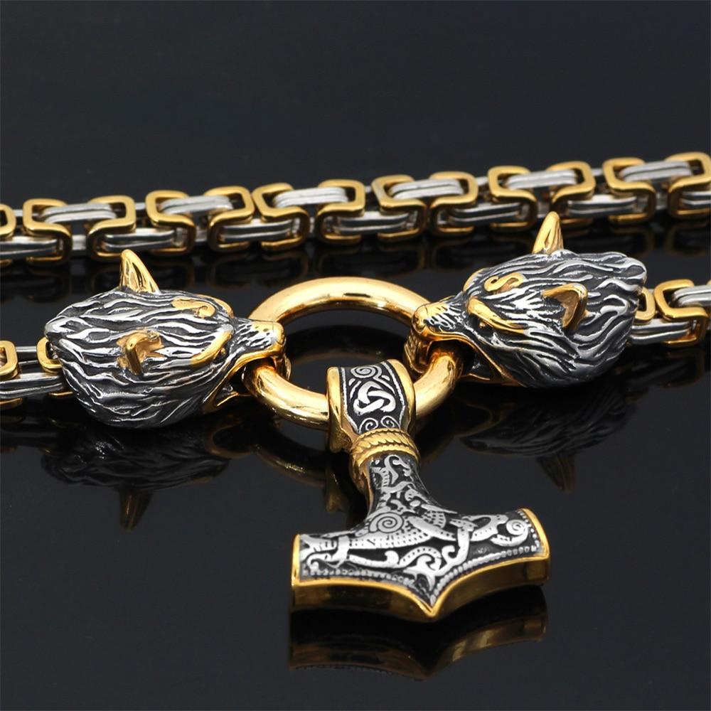 Roestvrij Stalen Schakelketting met Dubbele Wolfskop & Hamer Ornament 60-90cm Verstelbaar Unisex Sieraad | Sansoti