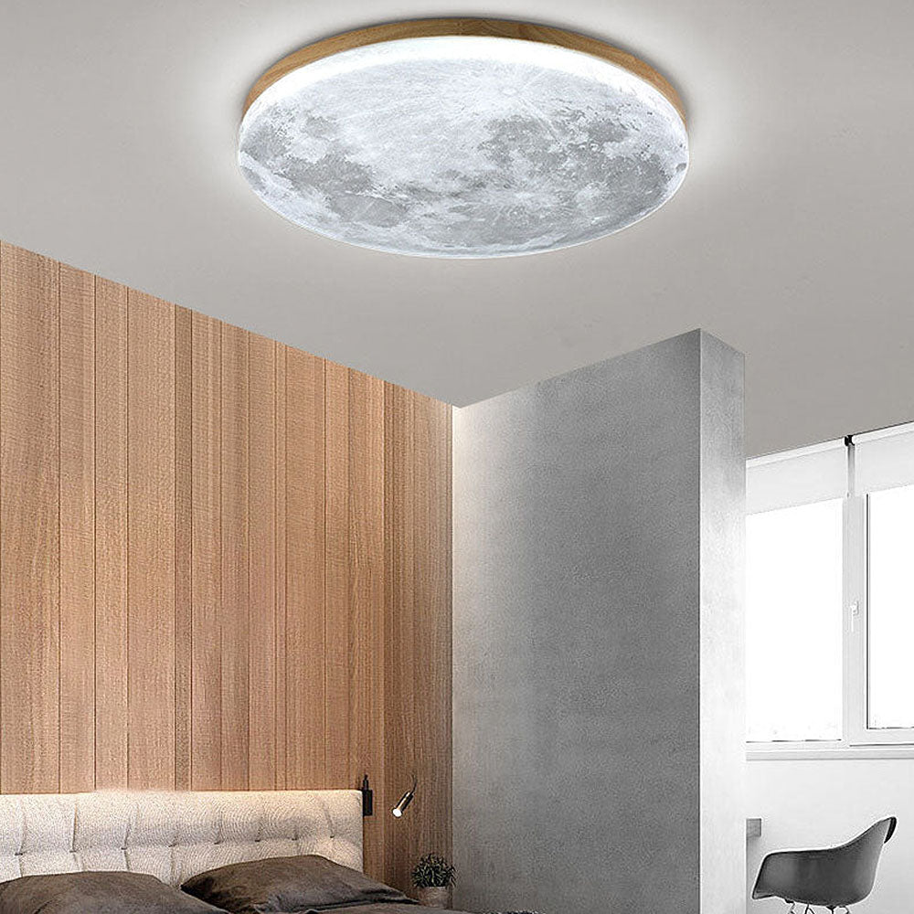 LED-Deckenleuchte Mond-Design Holz Acryl Rund 26-48cm Schlafzimmer Wohnzimmer Deckenlampe Mondlampe LED Beleuchtung Modernes Interieur | Restfield