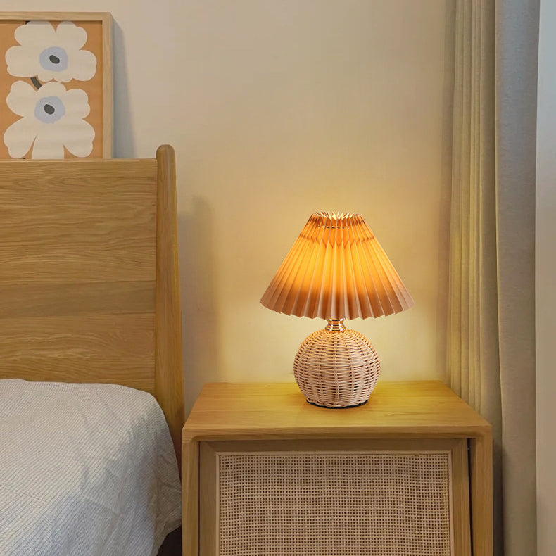Rattan Table Lamp with Pleated Fabric Shade, Dimmable LED 3W USB Desk Lamp, Atmospheric Scandinavian Design | Sansoti