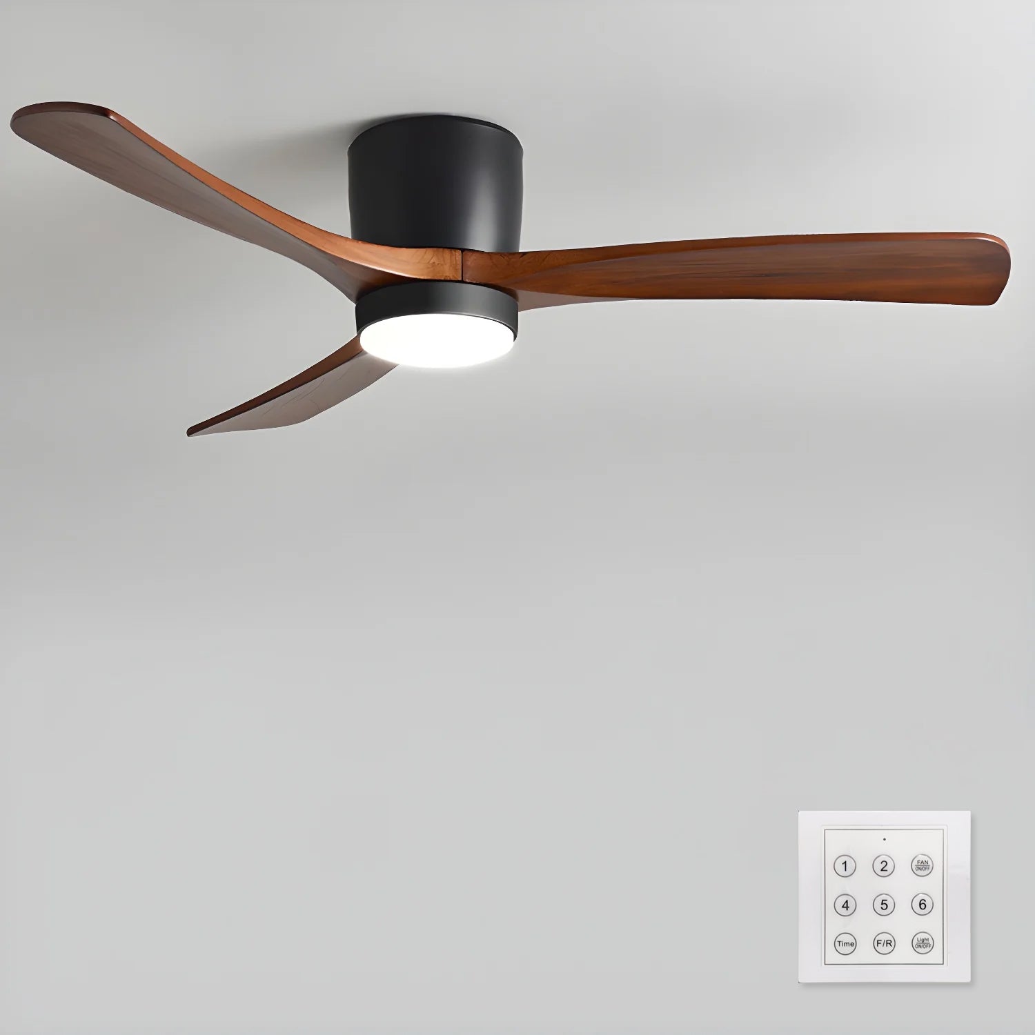 Moderne Plafondventilator Elena met Verlichting — Natuurhout & Zwart Exclusief Design | Sansoti
