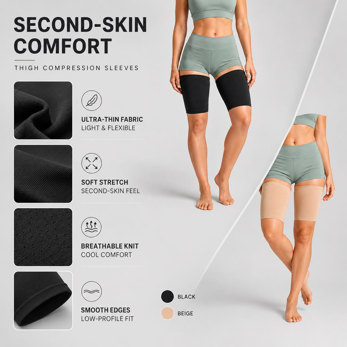 Ultra-Thin Compression Thigh Sleeves Beige Black Sports Support Unisex Breathable Fitness Training Running Sportswear | Sansoti