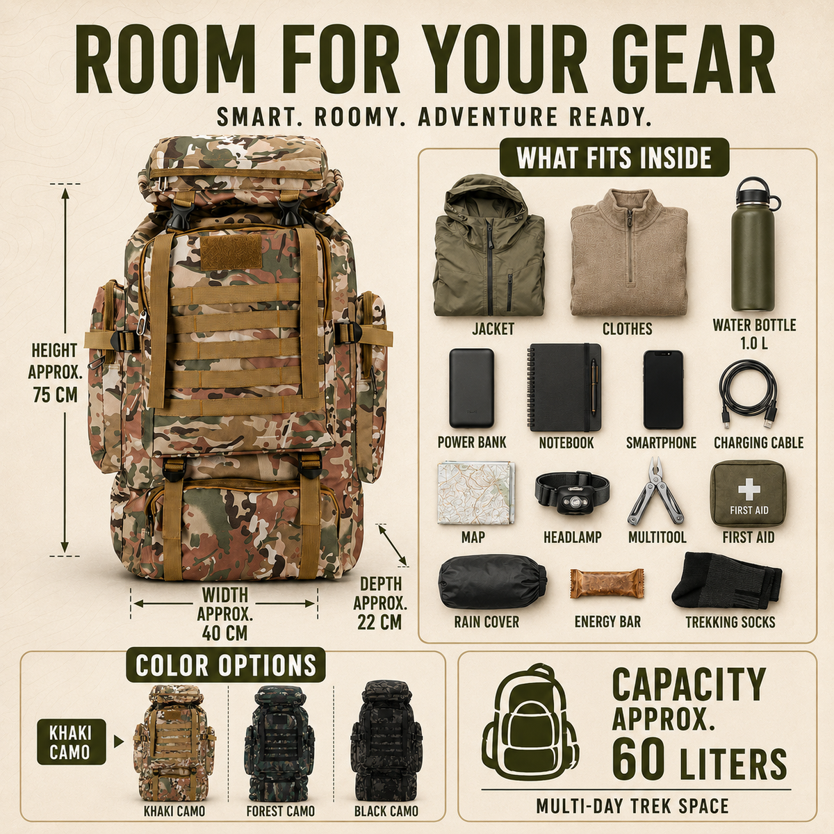 Trekking Backpack 80 Liters with MOLLE System – Waterproof Oxford Fabric for Multi-Day Hiking | Sansoti