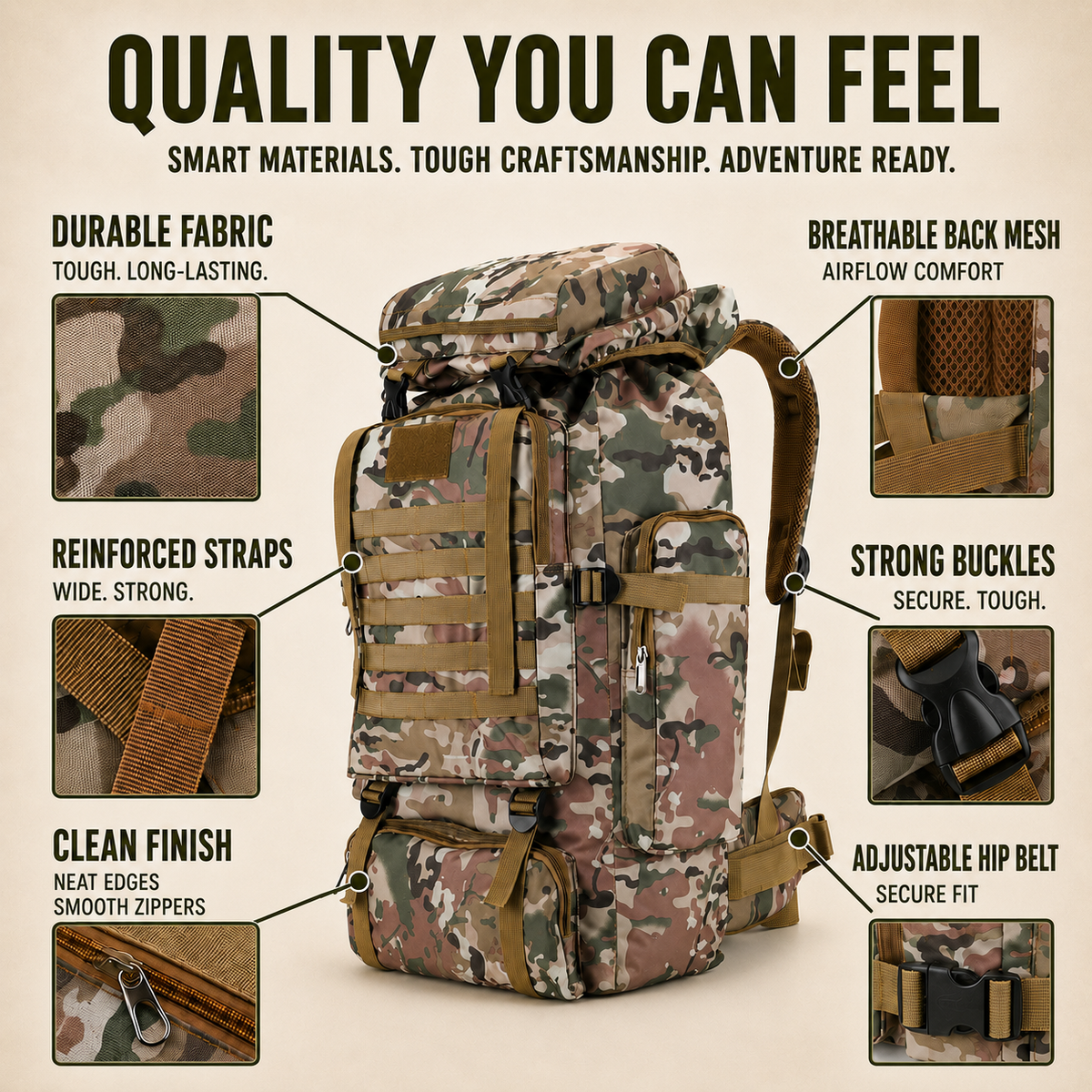 Trekking Backpack 80 Liters with MOLLE System – Waterproof Oxford Fabric for Multi-Day Hiking | Sansoti
