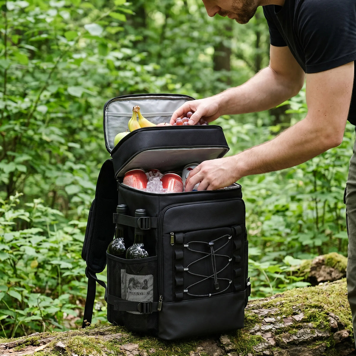 Isolierter Kühlrucksack mit Flaschenhaltern und zwei Fächern, thermische Isolierung für Picknick und Camping | Sansoti