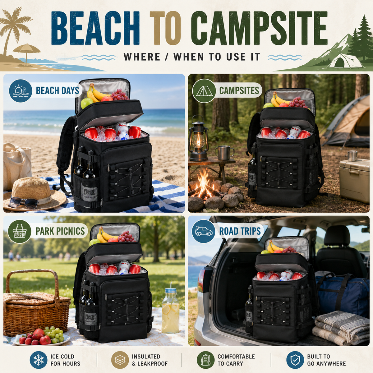 Isolierter Kühlrucksack mit Flaschenhaltern und zwei Fächern, thermische Isolierung für Picknick und Camping | Sansoti