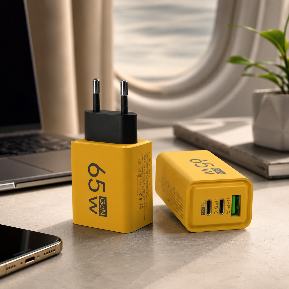 Compact Wall Charger with 6 Ports, USB-C, USB-A, Fast Charging for Phone, Tablet, Laptop, Travel Adapter, GaN, Home Office | Sansoti
