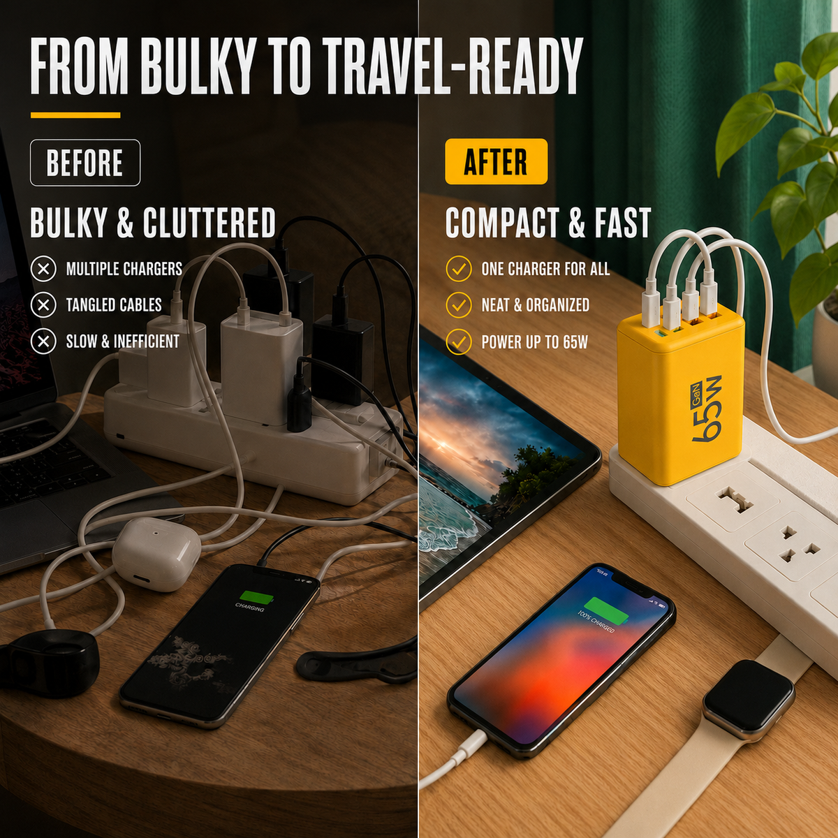 Compact Wall Charger with 6 Ports, USB-C, USB-A, Fast Charging for Phone, Tablet, Laptop, Travel Adapter, GaN, Home Office | Sansoti
