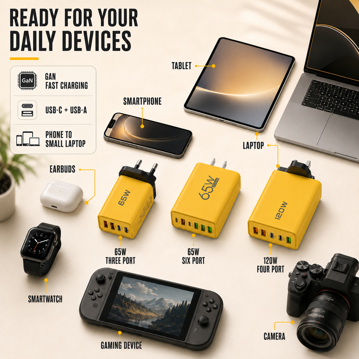 Compact Wall Charger with 6 Ports, USB-C, USB-A, Fast Charging for Phone, Tablet, Laptop, Travel Adapter, GaN, Home Office | Sansoti