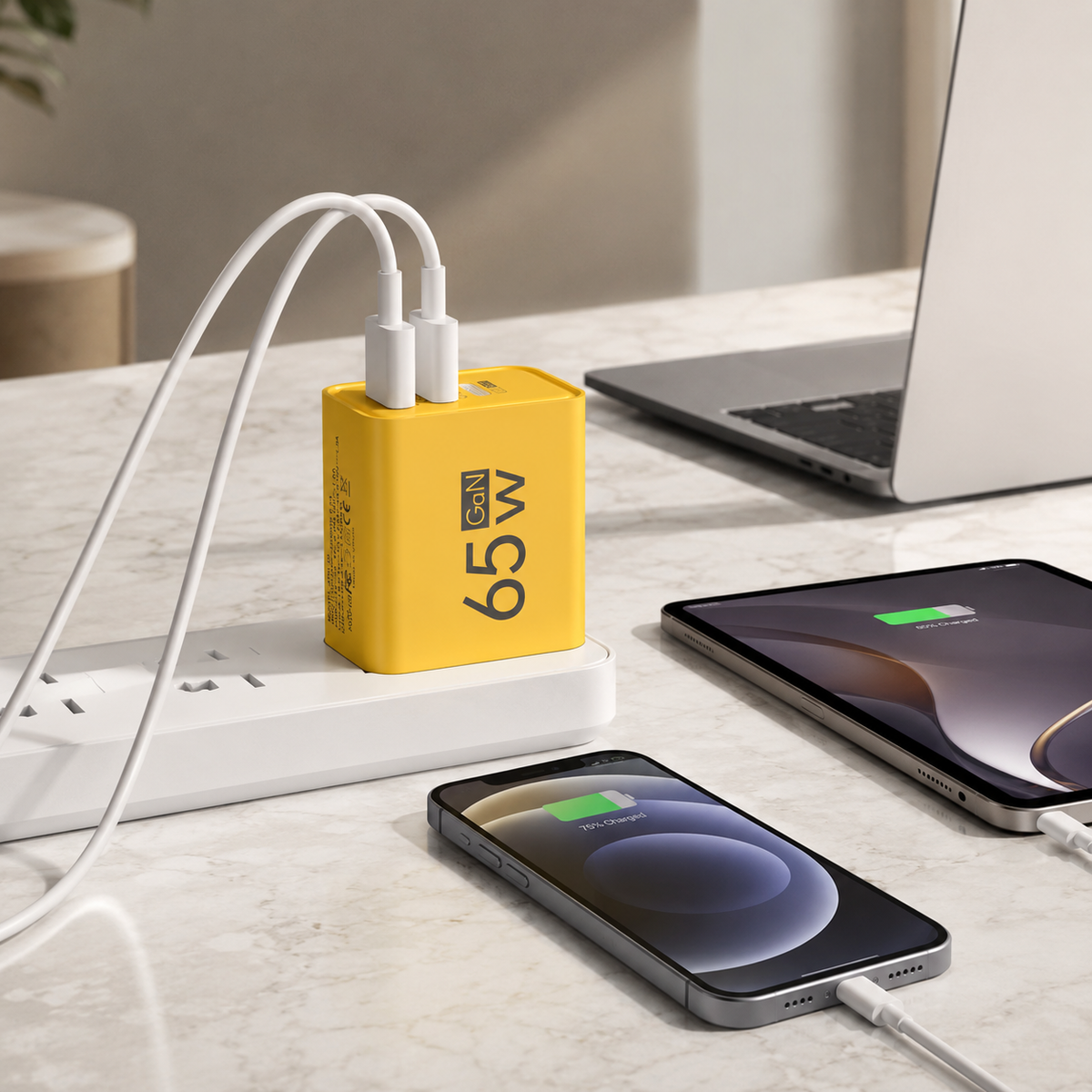 Compact Wall Charger with 6 Ports, USB-C, USB-A, Fast Charging for Phone, Tablet, Laptop, Travel Adapter, GaN, Home Office | Sansoti