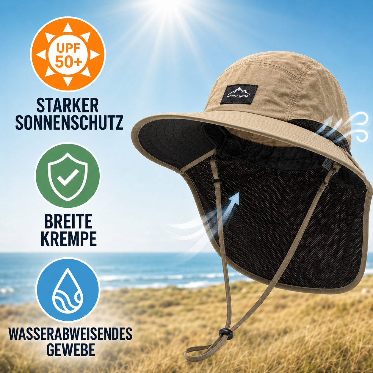 Hoed met Brede Rand en Nekbescherming – UV-Bestendig voor Wandelen en Outdoor | Sansoti