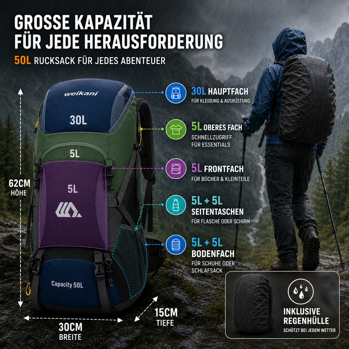 Sac à dos outdoor 50 L avec compartiment à chaussures, dos respirant, ceinture abdominale réglable et imperméable pour trekking | Sansoti