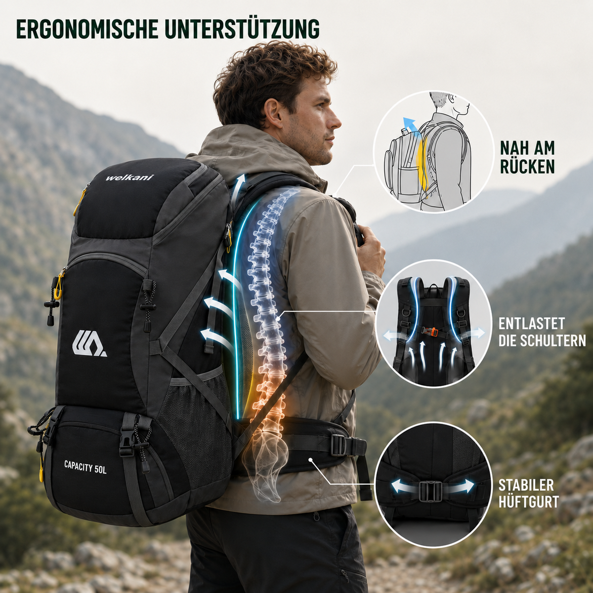 Sac à dos outdoor 50 L avec compartiment à chaussures, dos respirant, ceinture abdominale réglable et imperméable pour trekking | Sansoti