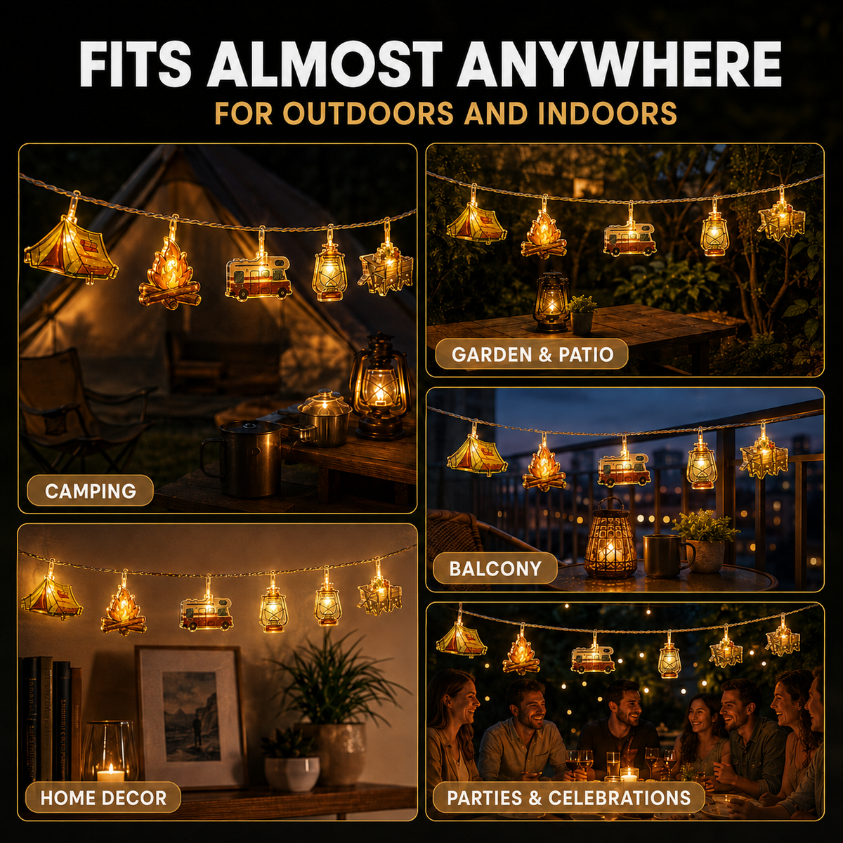 Dekorative LED-Lichterkette mit Campingmotiven, warmweißes Licht, stimmungsvolle Beleuchtung für draußen, drinnen und den Garten | Sansoti